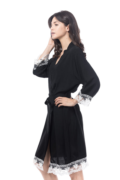 Cotton lace trim robe black