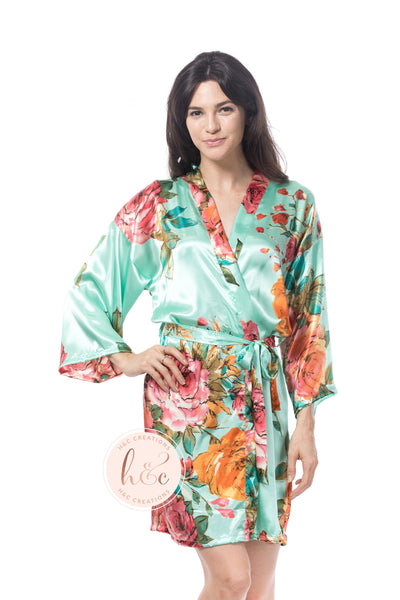 Bridesmaid Robes Floral, Satin Floral Robe for Wedding Day, Navy Bridal Party Robe, Floral Robe for Bridesmaids,