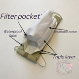 Washable Face Mask With Filter Pocket, 3- Layered Waterproof Mask, Adult Woman, Man, Kid Size