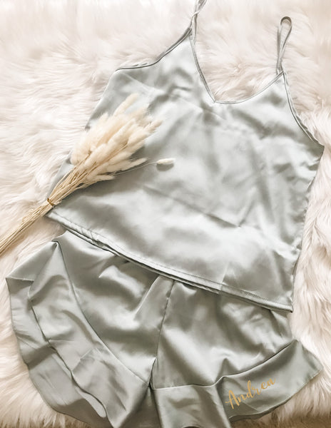 White Cami and Ruffle Shorts | Wedding Day Satin Pajamas Sets| Bridesmaid Gift|Bride Getting Ready Outfit, Bridesmaid Proposal PJs| Bella