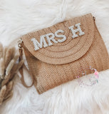 Personalized Bride Pearl Straw Clutch Shoulder Bag, Bridal Party Bag Wife To Be, Personalized Straw Clutch