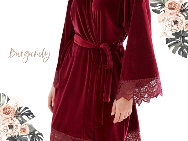 Burgundy Velvet Bridesmaid Robe, Velvet Stretch With Lace Robes,  Bridesmaid Gift, Customized Kimono Robes
