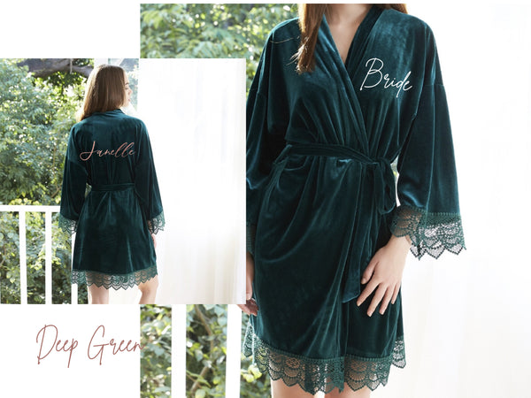 Mauve Velvet Bridesmaid Robe, Luxurious Velvet Stretch With Lace Robes,  Bridesmaid Gift, Customized Kimono Robes